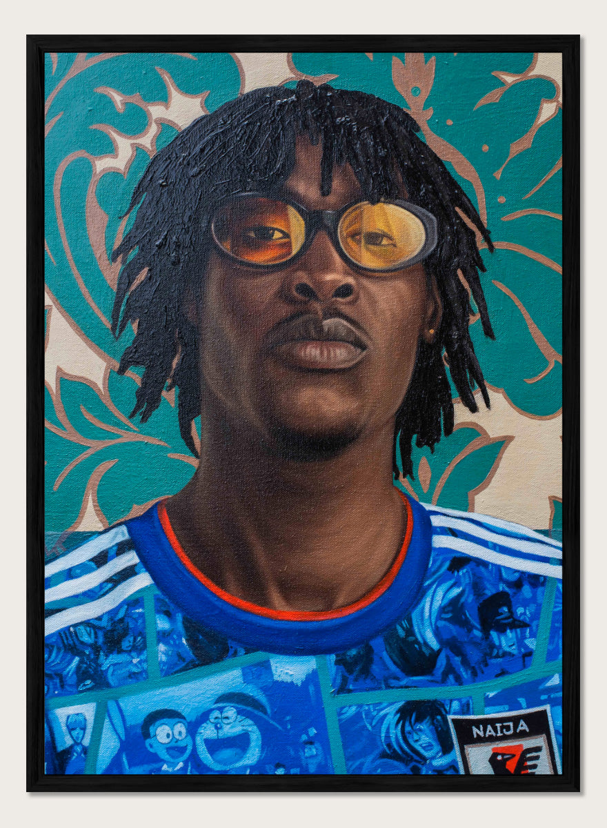 A portrait painting of a Black man with dreadlocks and round glasses, wearing a blue patterned shirt with white stripes and a red collar, set against a teal and beige floral background. Shop Stylish Man in Anime Jersey by Damilare Jamiu, a contemporary portrait art print blending anime fashion, bold blue color, amber glasses, and ornate pattern.
