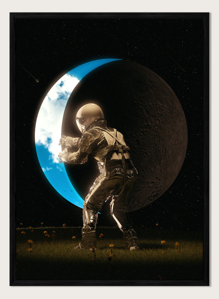 Astronaut standing on a moon-like surface with Earth visible through a crater. Astronaut Holding the Moon by Nicebleed is a surreal space art print featuring an astronaut pushing a crescent moon, modern aesthetic wall poster.