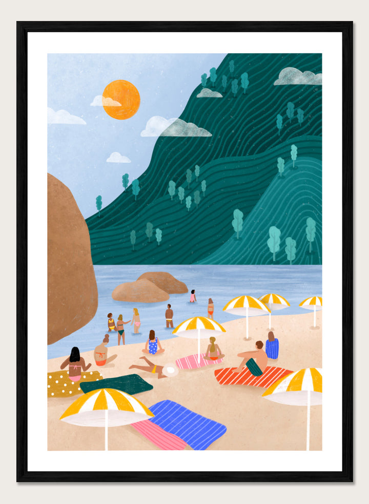 A framed art print featuring a stylized beach scene with a large teal-green mountain, blue water, a yellow sun, and beachgoers under striped umbrellas on a sandy shore. Relaxing Mountain Beach by Bea Müller coastal art print featuring swimmers, striped towels, yellow umbrellas, and a sweeping teal mountain.