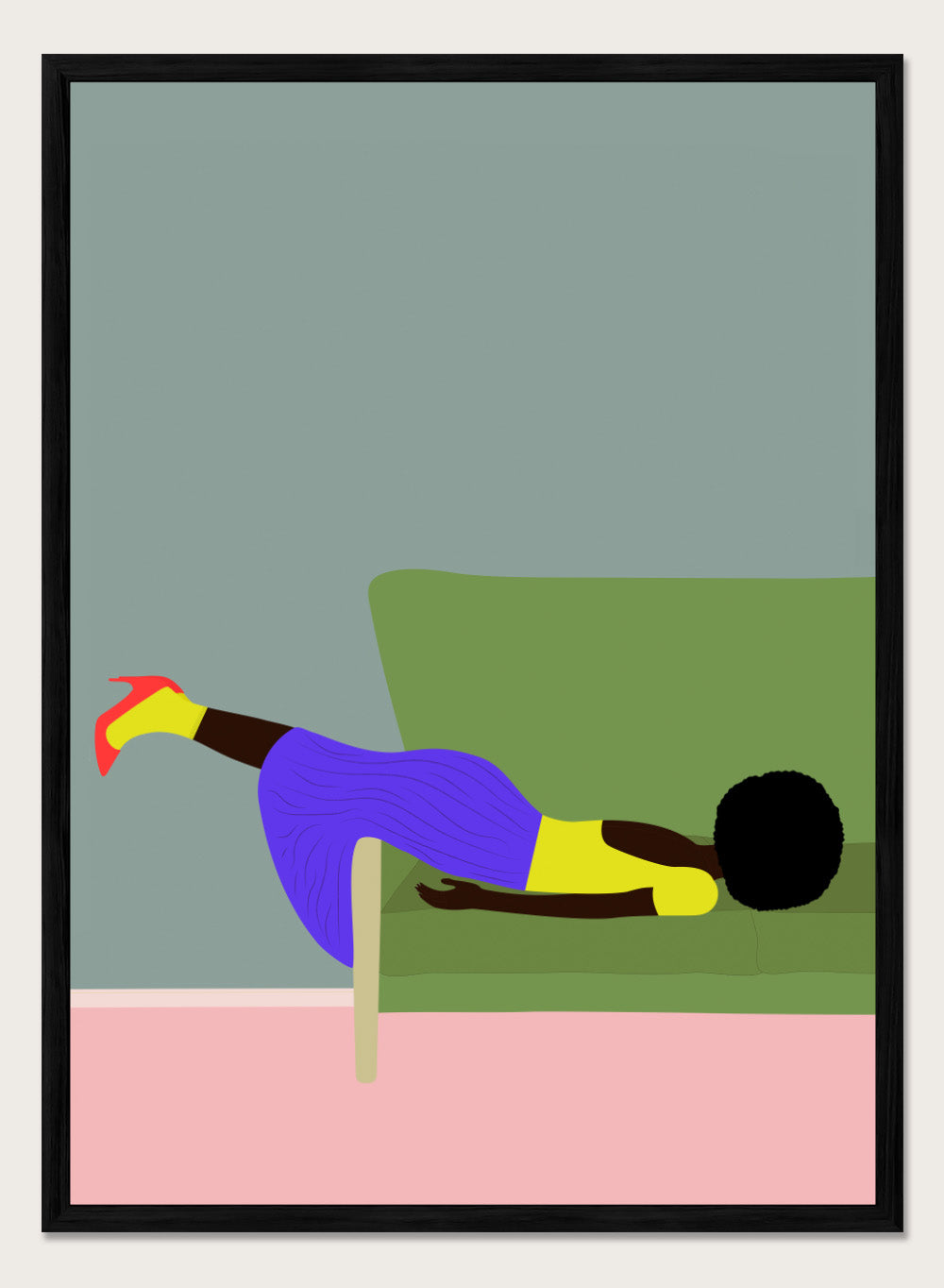 Simplified illustration of a person lying on a green couch with a gray wall and pink floor. Wendy’s Mood by Jota de Jai is a modern art print of a woman lounging dramatically on a green couch, officially licensed wall poster with fine art printing and framing.
