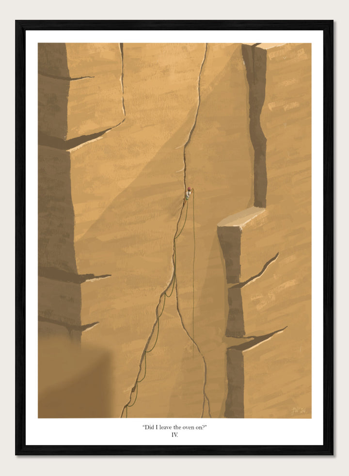 An art print featuring a minimalist illustration of a climber on a massive sandstone cliff, with the caption &
