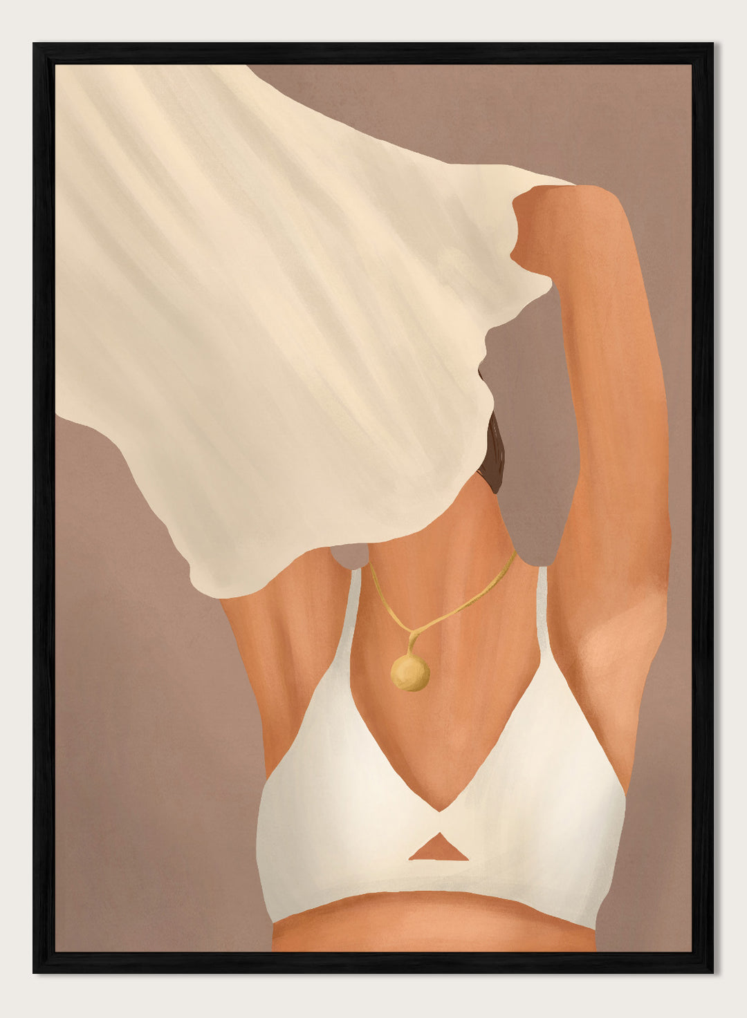 Illustration of a person wearing a white garment and gold necklace on a beige background. Feminine Beauty by City Art is a minimalist figurative art print featuring a woman with flowing fabric, warm neutral tones, and modern feminine style.