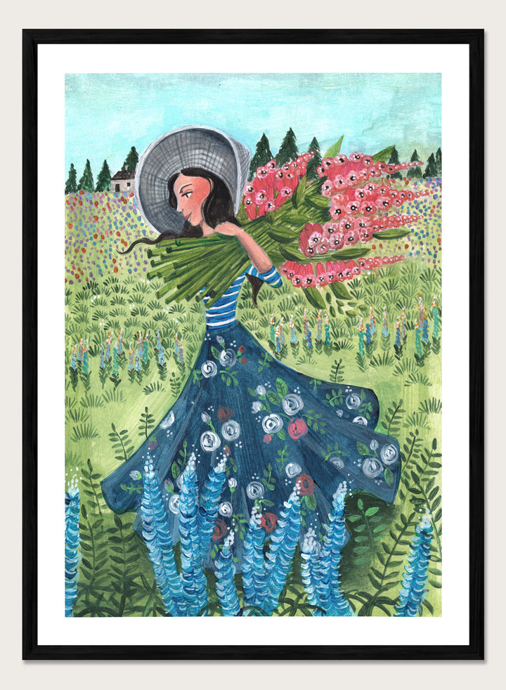 Woman in a floral dress holding flowers in a garden. Woman With Summer Flowers by Caroline Bonne Müller is a fine art print and wall poster featuring a woman carrying flowers through a colorful field.