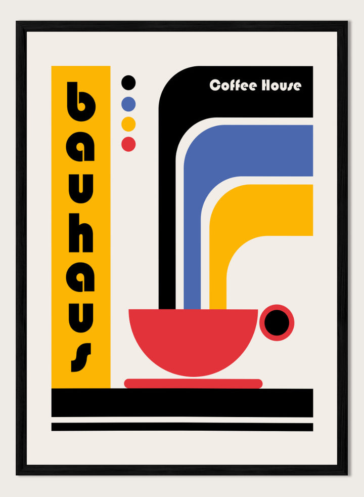 Bauhaus Coffee House by Retrodrome kitchen art print featuring a red coffee cup, bold geometric forms, retro typography, and Bauhaus-inspired color.