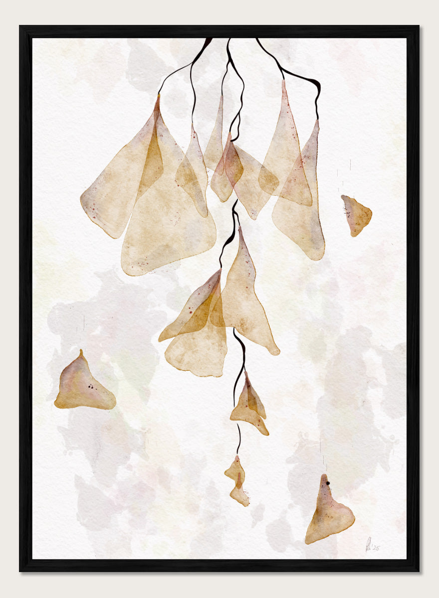 Watercolor art print featuring delicate, translucent beige and tan leaf-like shapes hanging from thin dark stems on a soft off-white background. Shop Translucent Organic Flow by Ankie Kooi, an abstract botanical wall art print poster with hanging watercolor florals, organic line art, and cream tones.