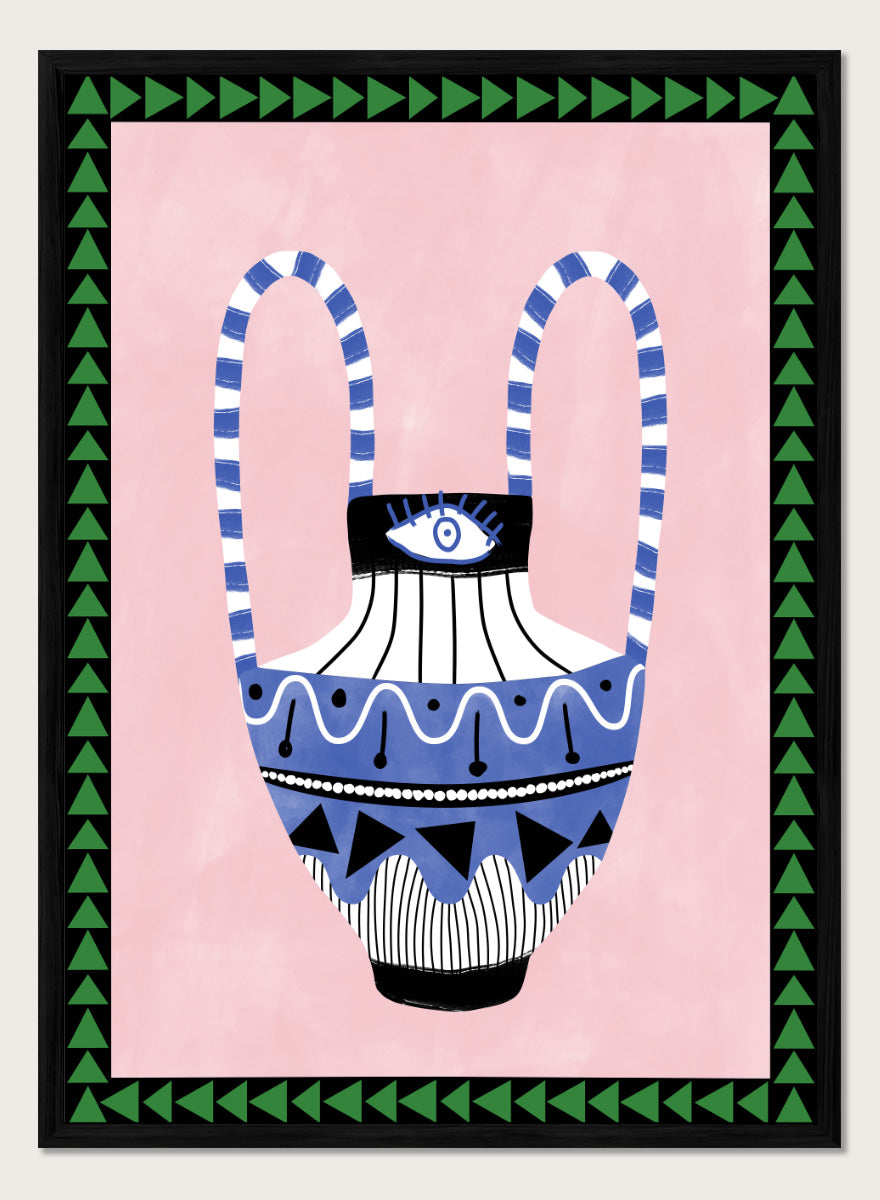 Shop Folk Art Eye Vase by Elena Ristova, a colorful folk-inspired wall art print poster featuring an eye motif, patterned vase, pink background, and green border.
