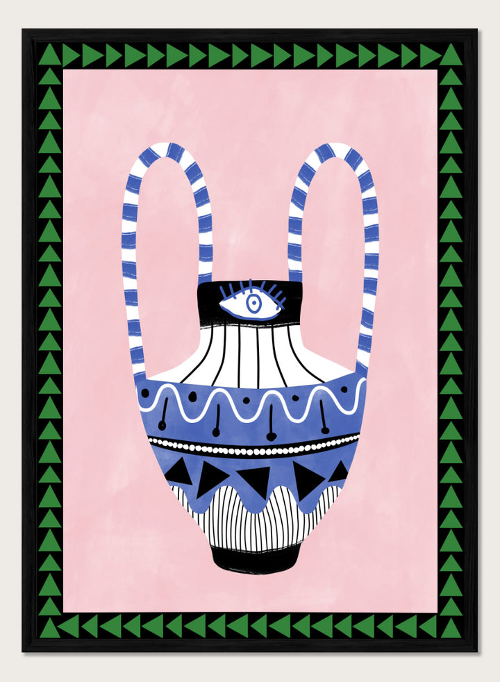 Shop Folk Art Eye Vase by Elena Ristova, a colorful folk-inspired wall art print poster featuring an eye motif, patterned vase, pink background, and green border.