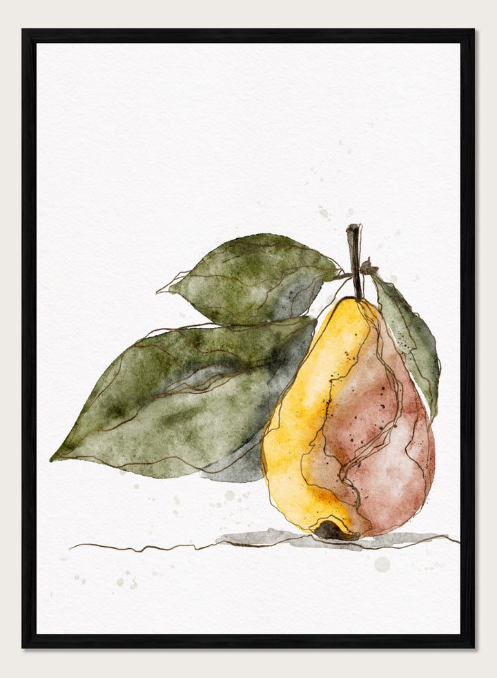 Watercolor painting of a pear with green leaves on a white background. Shop Earthy Pear Watercolor by Ankie Kooi, a botanical fruit wall art print poster featuring watercolor pear art, kitchen decor, green leaves, yellow, and pink.