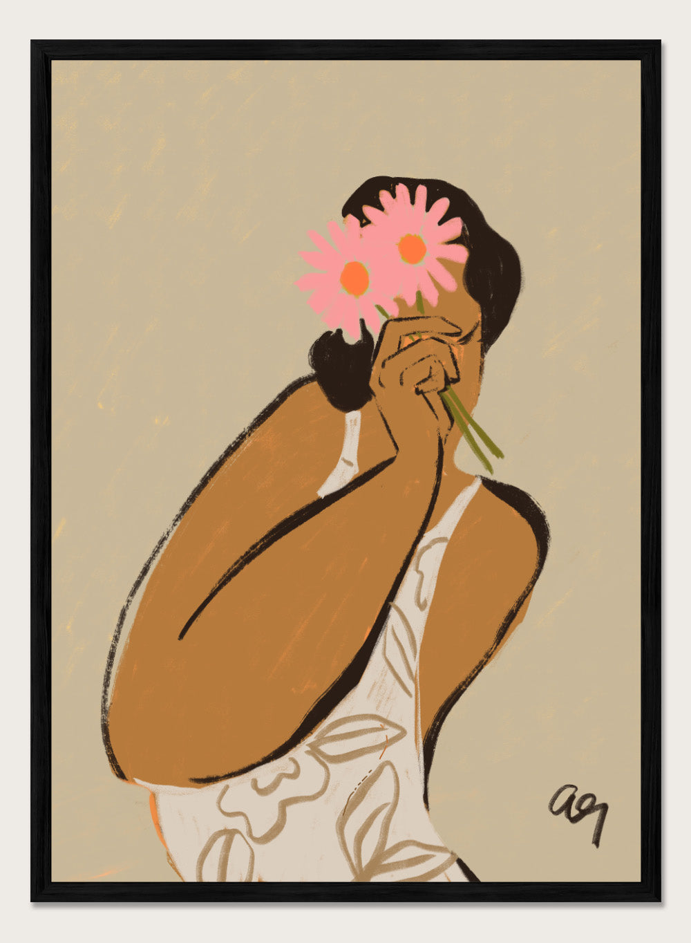 Illustration of a person holding a pink flower to their face against a beige background. Mask by Arty Guava art print, modern woman illustration holding flowers, contemporary figurative wall poster in soft neutral tones.