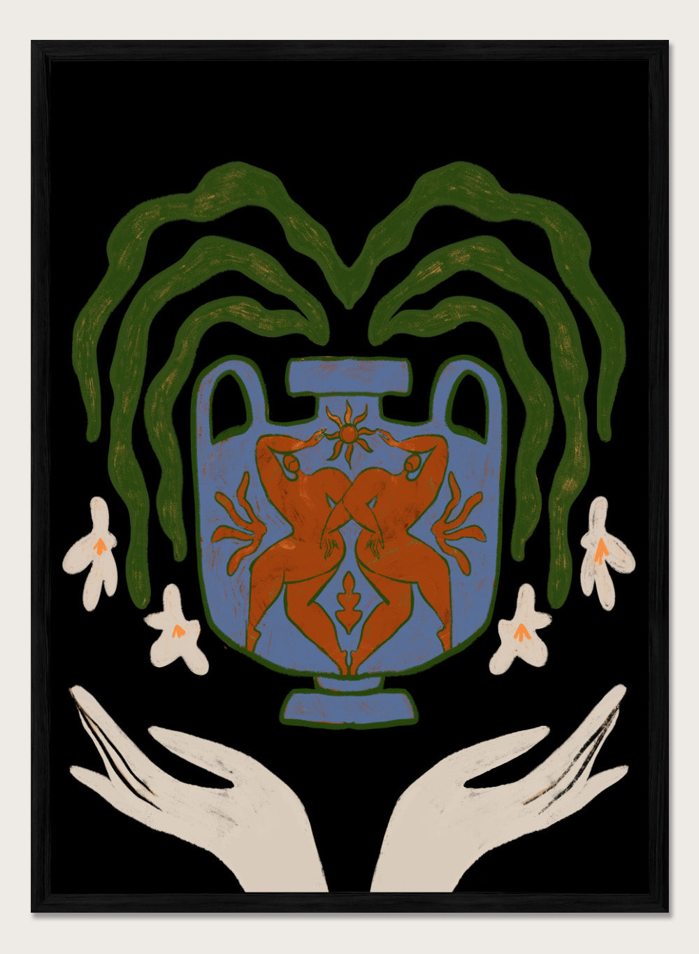 Decorative design with a blue urn, red figure, green leaves, and white flowers on a black background. Vessel Collection: Harmony by Arty Guava art print, modern vase wall poster with botanical illustration, contemporary minimalist line artwork.