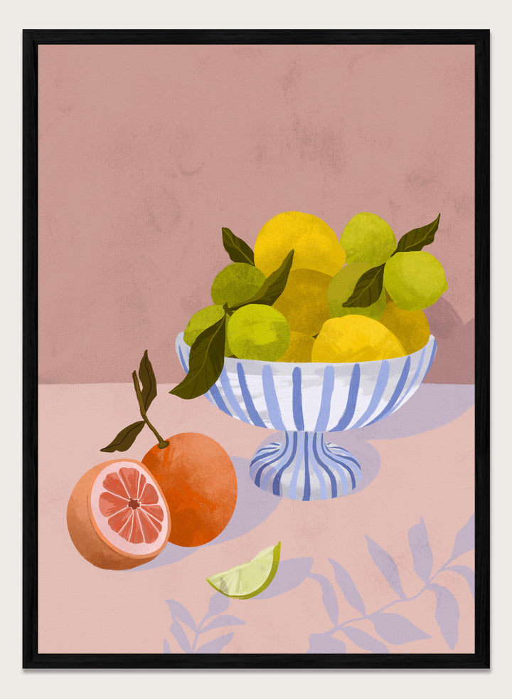 Illustration of a bowl with lemons and limes on a pink background. Bittersweet by Goed Blauw is a still life art print and wall poster with lemons, limes, and grapefruit in a striped bowl on a soft pink background.