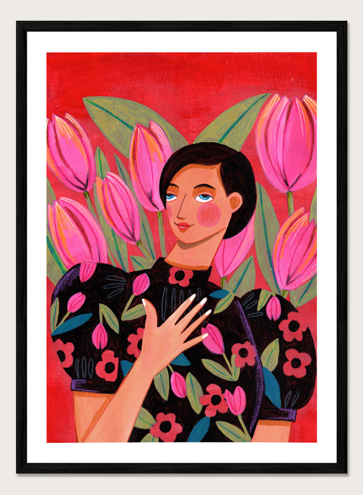 Illustration of a woman with floral dress and pink tulips on a red background. Woman portrait art print surrounded by pink tulips on a red background by Caroline Bonne Müller. Colorful floral illustration wall poster, officially licensed.