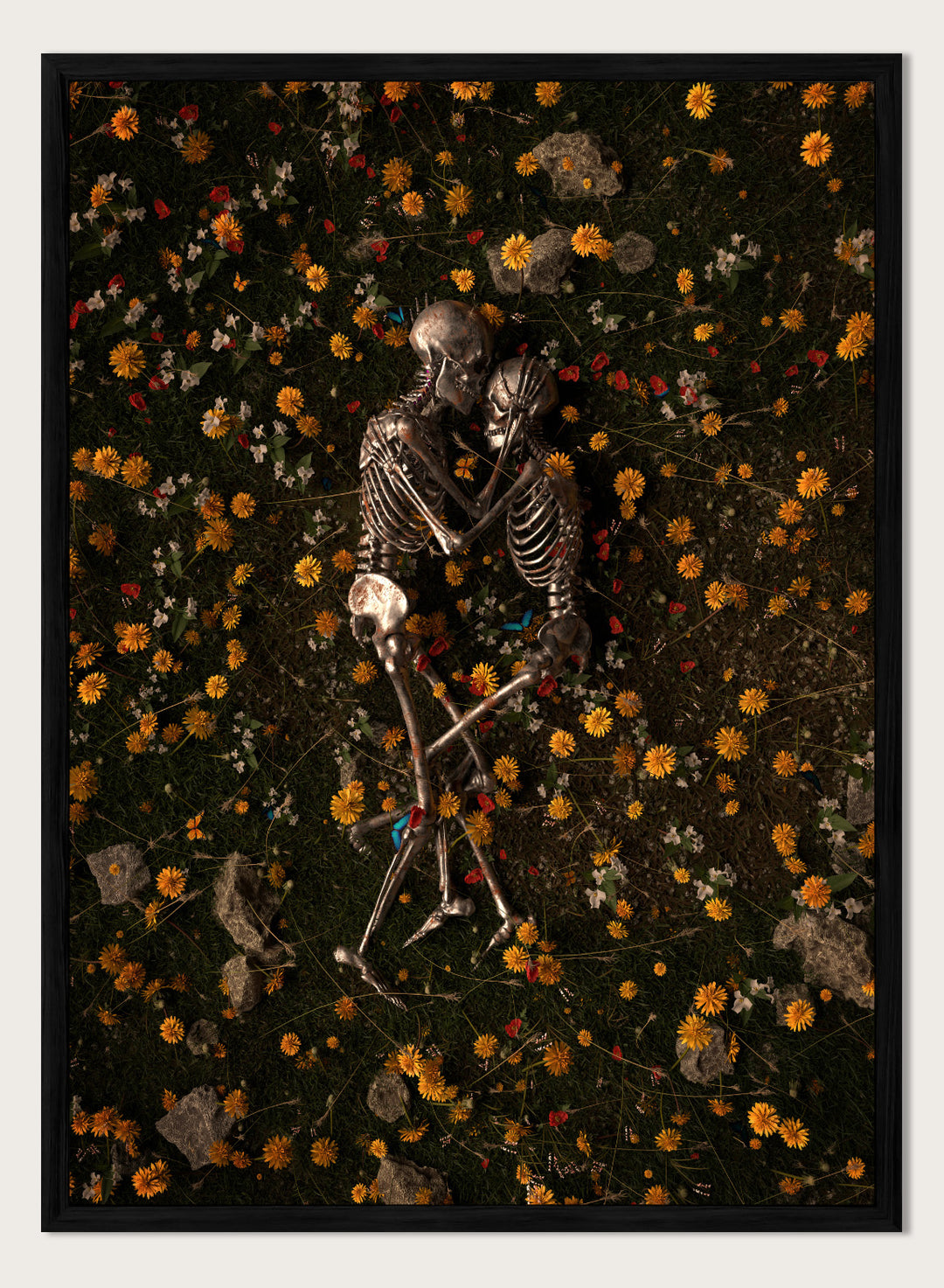 Skeletons In Love by Nicebleed is a surreal skeleton couple art print featuring intertwined skeletons in a floral field, modern aesthetic wall poster.