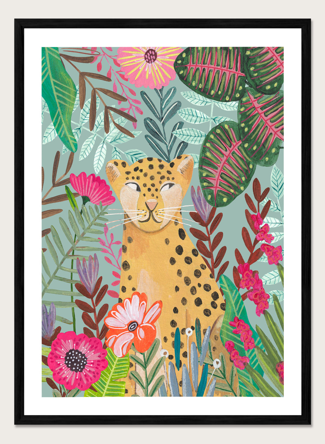 Illustration of a cheetah surrounded by colorful flowers and leaves on a light blue background. Happy Leopard Tropical Flowers by Caroline Bonne Müller is a fine art print and wall poster featuring a leopard with tropical flowers in a modern aesthetic style.