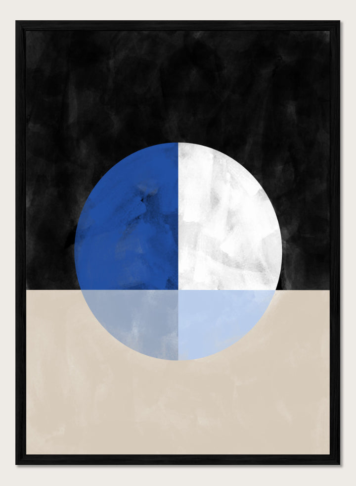Shop Abstract Geometric Reflection by Elena Ristova, a modern abstract wall art print poster featuring a blue-and-white circle, mirrored forms, and bold black and cream.