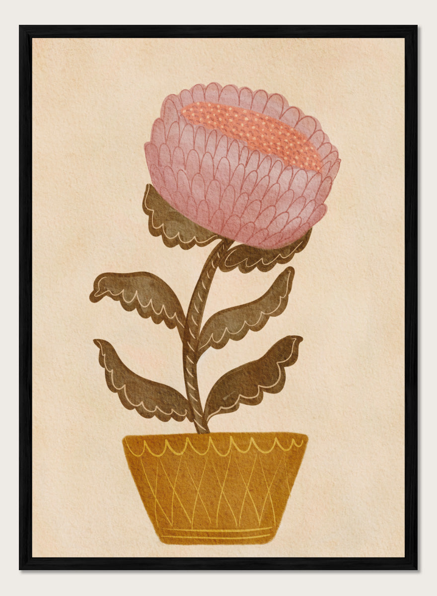 Shop Rustic Potted Flower by Nikita Jariwala, a floral wall art print poster featuring an oversized pink flower, mustard pot, folk art details, and earthy tones.