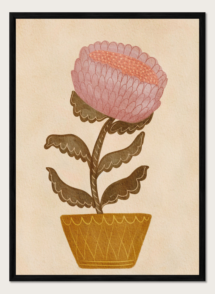Shop Rustic Potted Flower by Nikita Jariwala, a floral wall art print poster featuring an oversized pink flower, mustard pot, folk art details, and earthy tones.