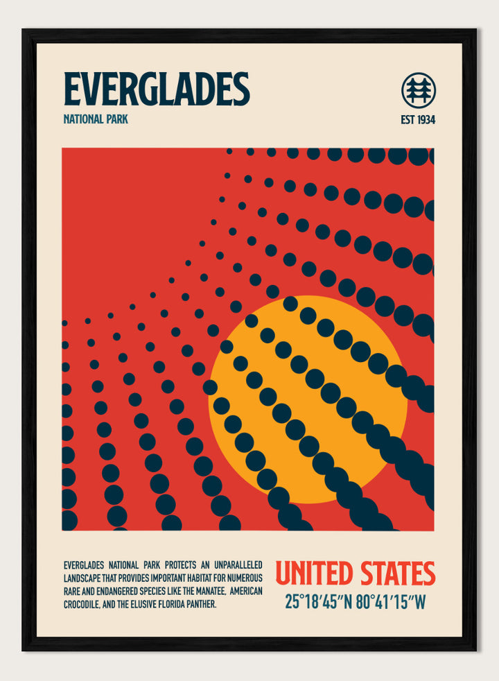 A vintage-style travel poster for Everglades National Park, United States, featuring a bold red background, a large yellow circle, and dark blue dotted radial lines. The top reads &