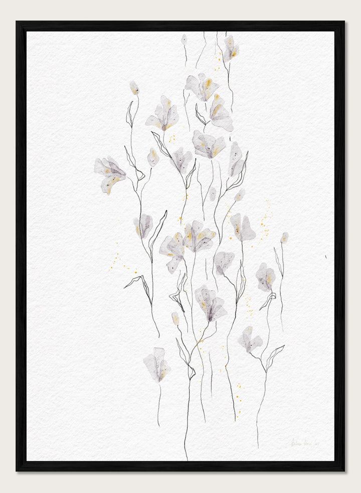A framed watercolor painting of delicate white and light gray flowers with thin stems on a textured white background. Shop Delicate Gold Flowers by Ankie Kooi, a floral wall art print poster with airy botanical stems, soft gray flowers, yellow accents, and line art.