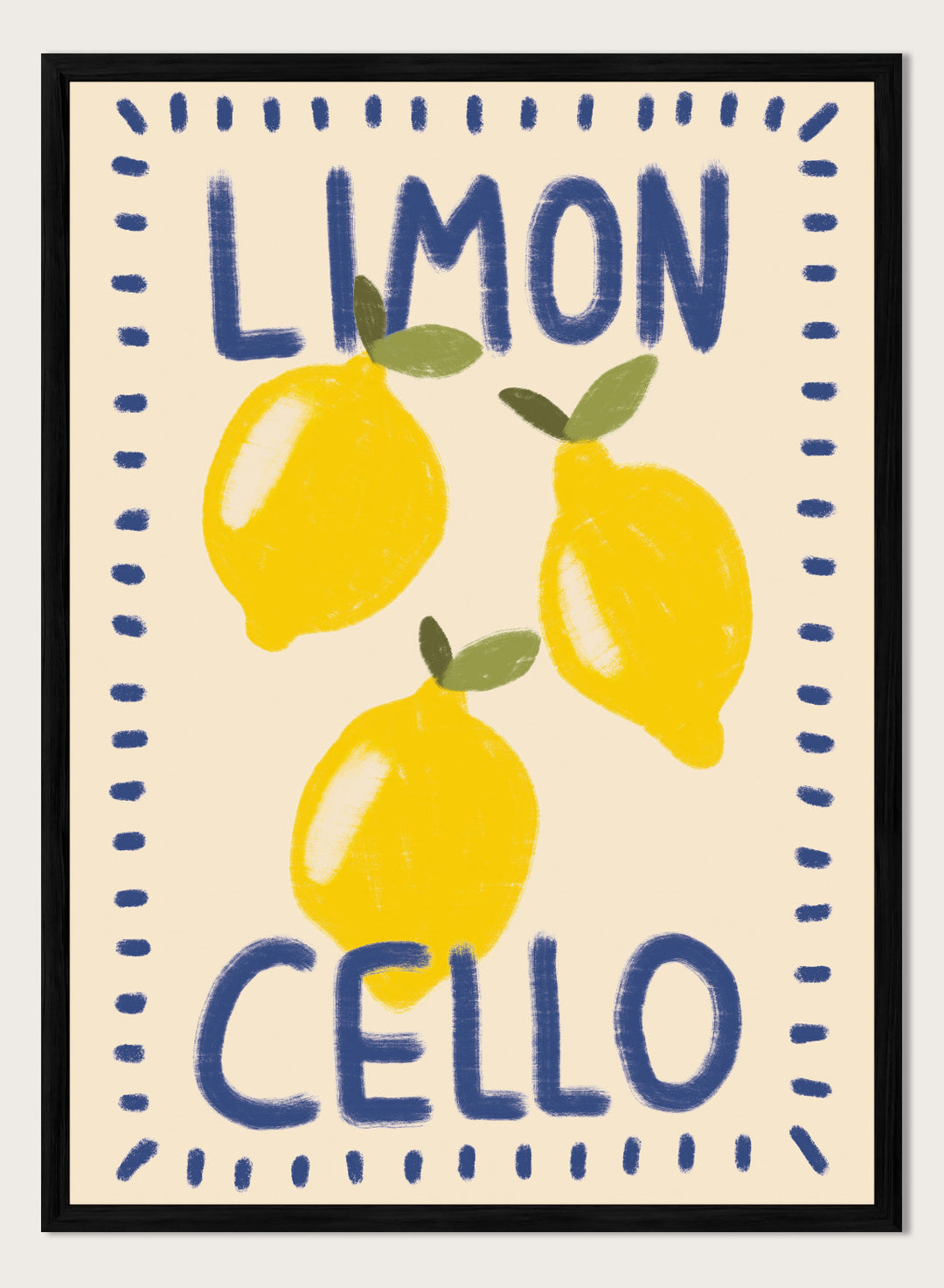 An art print featuring three yellow lemons with green leaves on a cream background, framed by a blue dotted border. The words &