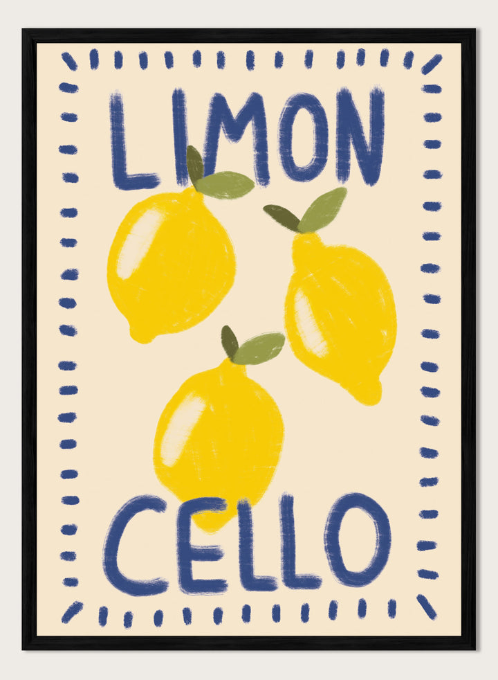 An art print featuring three yellow lemons with green leaves on a cream background, framed by a blue dotted border. The words &