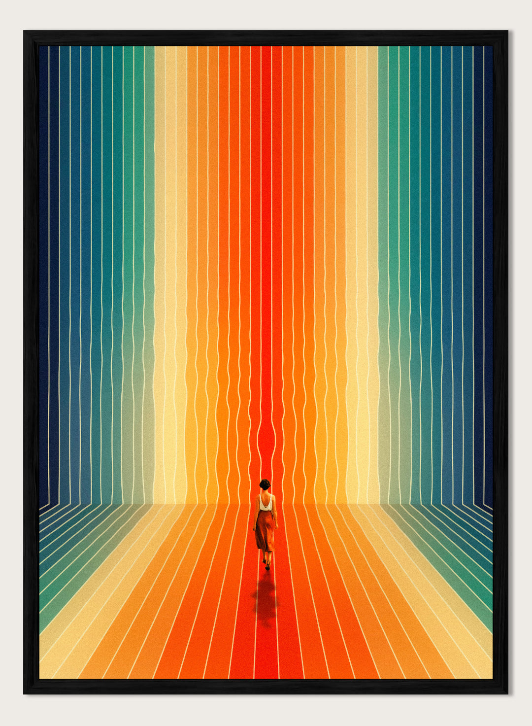 Artistic depiction of a person standing in a colorful, vertically striped space. Here I Come by Taudalpoi surreal retro sci-fi corridor art print with colorful perspective lines and lone figure, cosmic vintage style poster wall art.