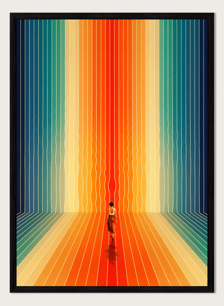Artistic depiction of a person standing in a colorful, vertically striped space. Here I Come by Taudalpoi surreal retro sci-fi corridor art print with colorful perspective lines and lone figure, cosmic vintage style poster wall art.
