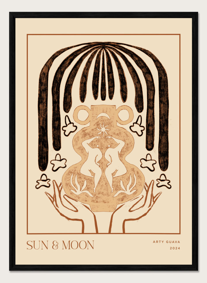 Artistic illustration of hands holding a symbol with 'Sun & Moon' text on a beige background. Vessel Collection: Sun & Moon by Arty Guava art print, modern vase wall poster with moon symbolism, contemporary minimalist line artwork.