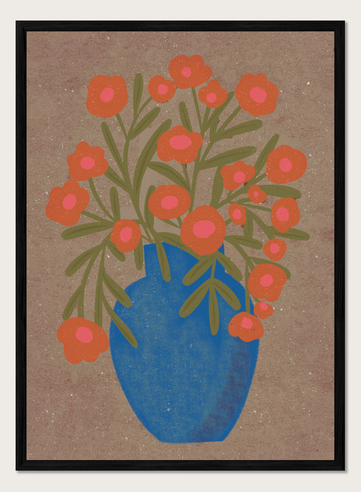A stylized floral artwork showing orange flowers with pink centers and green stems arranged in a blue vase against a textured tan background. Shop Rustic Orange Floral Vase by Nikita Jariwala, a modern floral wall art print poster featuring a blue vase, orange flowers, and bold botanical style.
