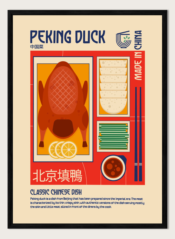 A stylized travel poster of Peking Duck, featuring a large illustration of a roasted duck, steamed buns, chopsticks, and a bowl of sauce on a beige background with red and blue graphic borders. Classic Peking Duck by Retrodrome retro kitchen art featuring Peking duck, pancakes, scallions, dipping sauce, Chinese typography, and bold vintage color.