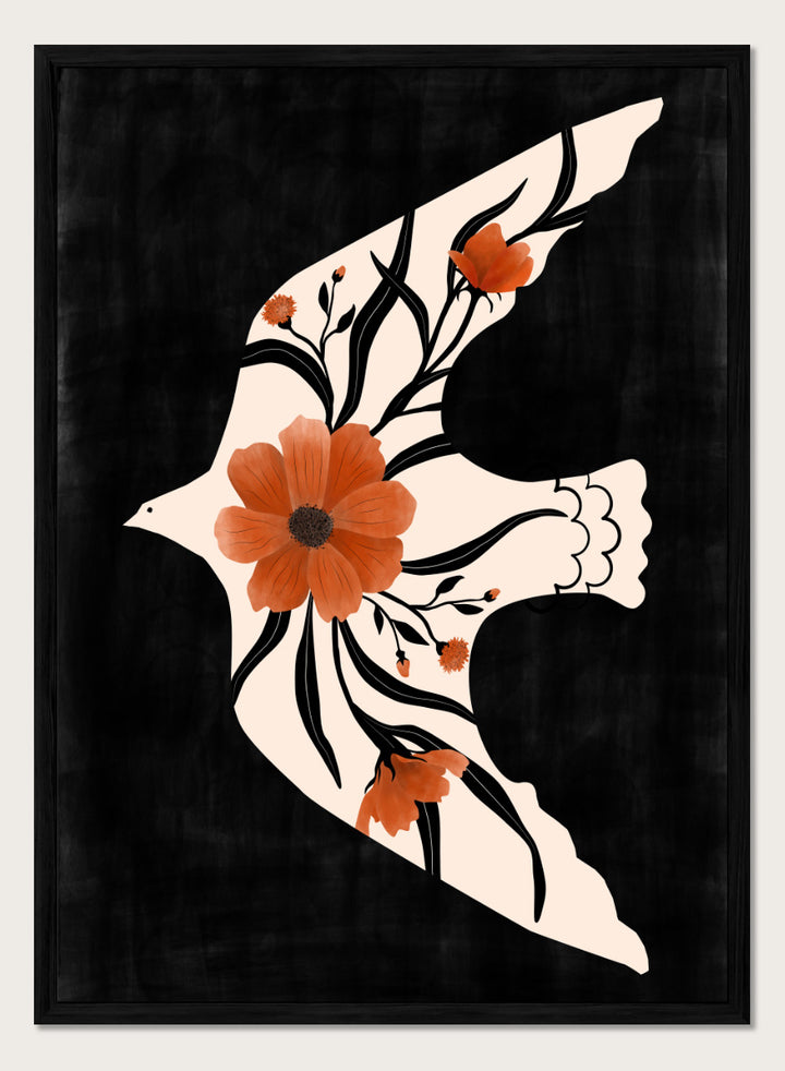 Shop Poppy Birds in Flight by Elena Ristova, a modern bird wall art print poster featuring a cream dove filled with terracotta poppies on a black background.