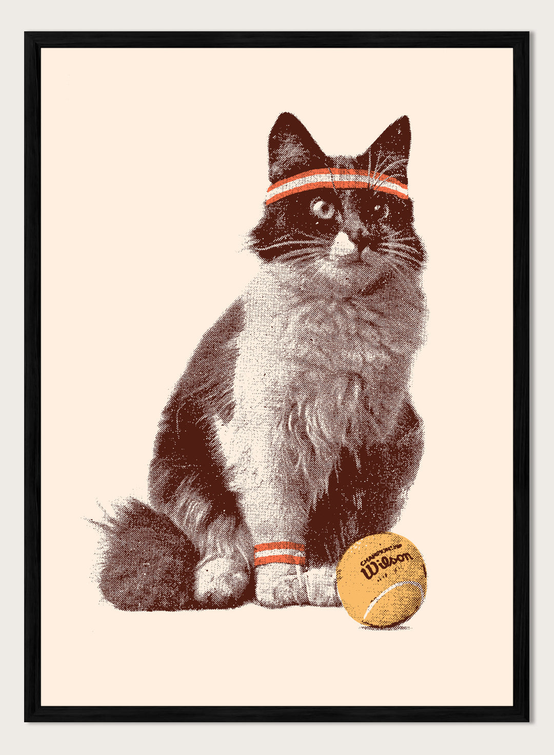 Cat wearing a striped bandana with a tennis ball on a beige background. Retro Tennis Cat by Florent Bodart is a playful cat art print with vintage tennis style, a modern wall poster with retro texture, humor, and character.
