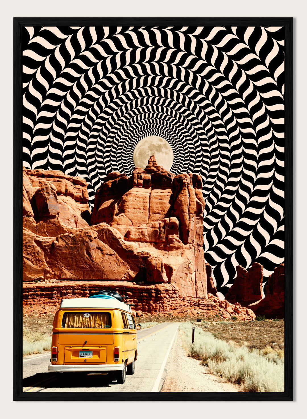 Van on a road with a surreal landscape and optical illusion pattern. The Real Road Trip by Taudalpoi surreal desert road trip art print with vintage van, red rock canyon and hypnotic cosmic sky, retro sci fi poster wall art.