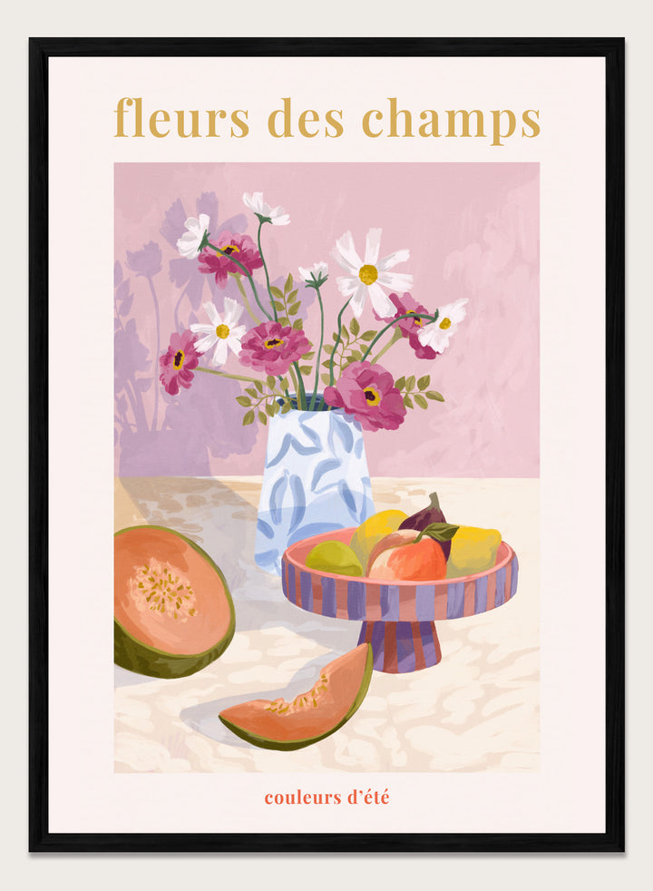 Illustration of a vase with flowers and fruits on a table against a pink background, with text 'fleurs des champs' and 'couleurs d'ete'. Fleur Des Champs Pink by Goed Blauw is a colorful still life art print and wall poster featuring flowers, fruit, and a patterned vase in a modern composition.