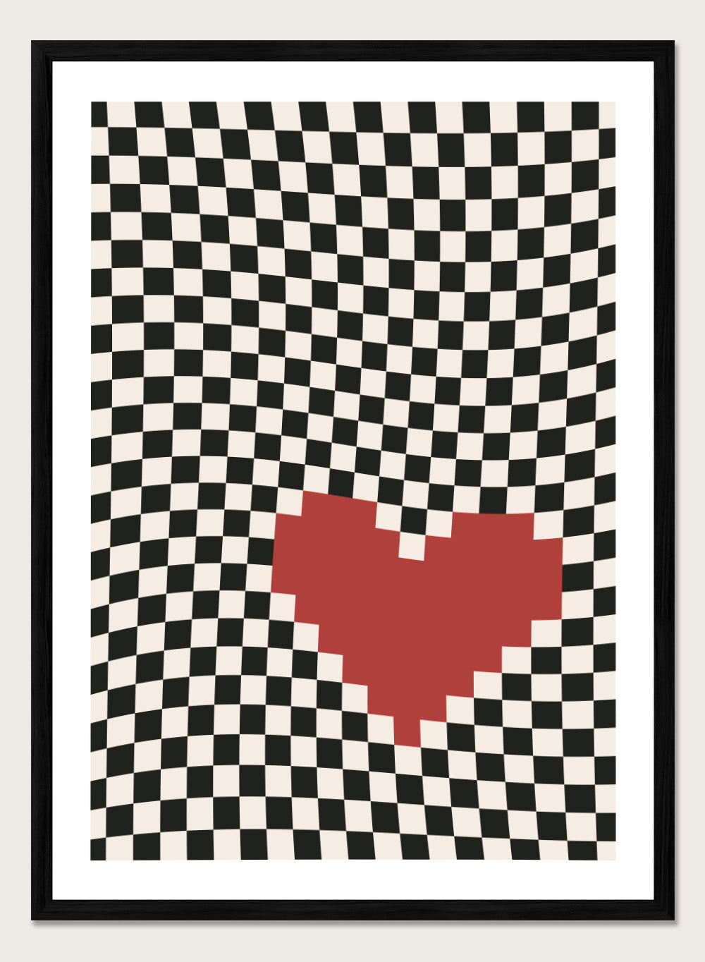 Checkered pattern with a red heart in the center. Pixel Heart by Frankie Kerr-Dineen features a red pixel heart on a wavy checkerboard background. Modern graphic art print and contemporary wall poster.
