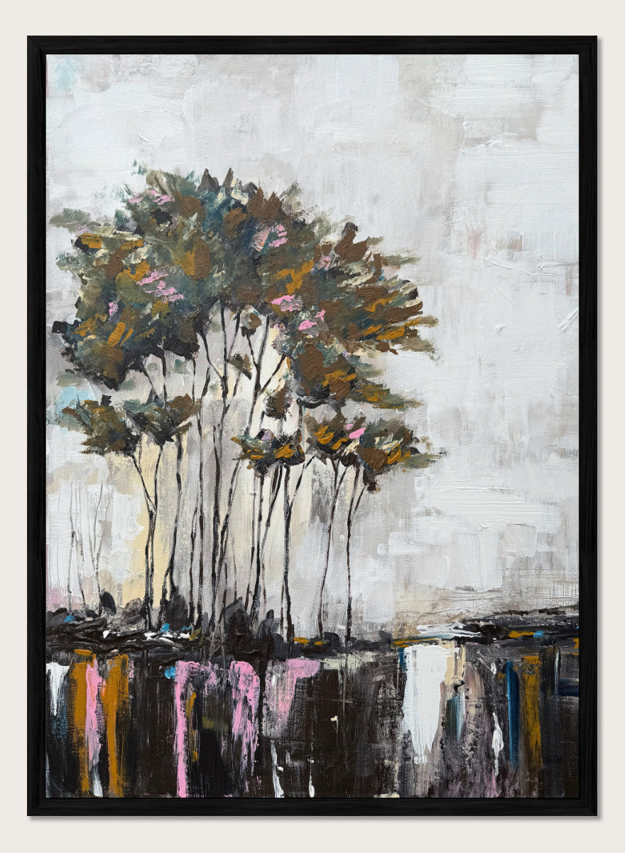 Shop Tranquil Tree Reflections by Helena Ryhle, a modern landscape wall art print poster featuring tall trees, mirrored water, and expressive reflections.