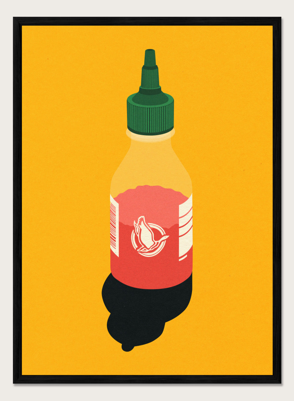 Chilli sauce bottle illustration on a yellow background. Chilli Sauce by Rosi Feist is a bold kitchen art print featuring a hot sauce bottle in modern graphic style. Contemporary food poster wall art.
