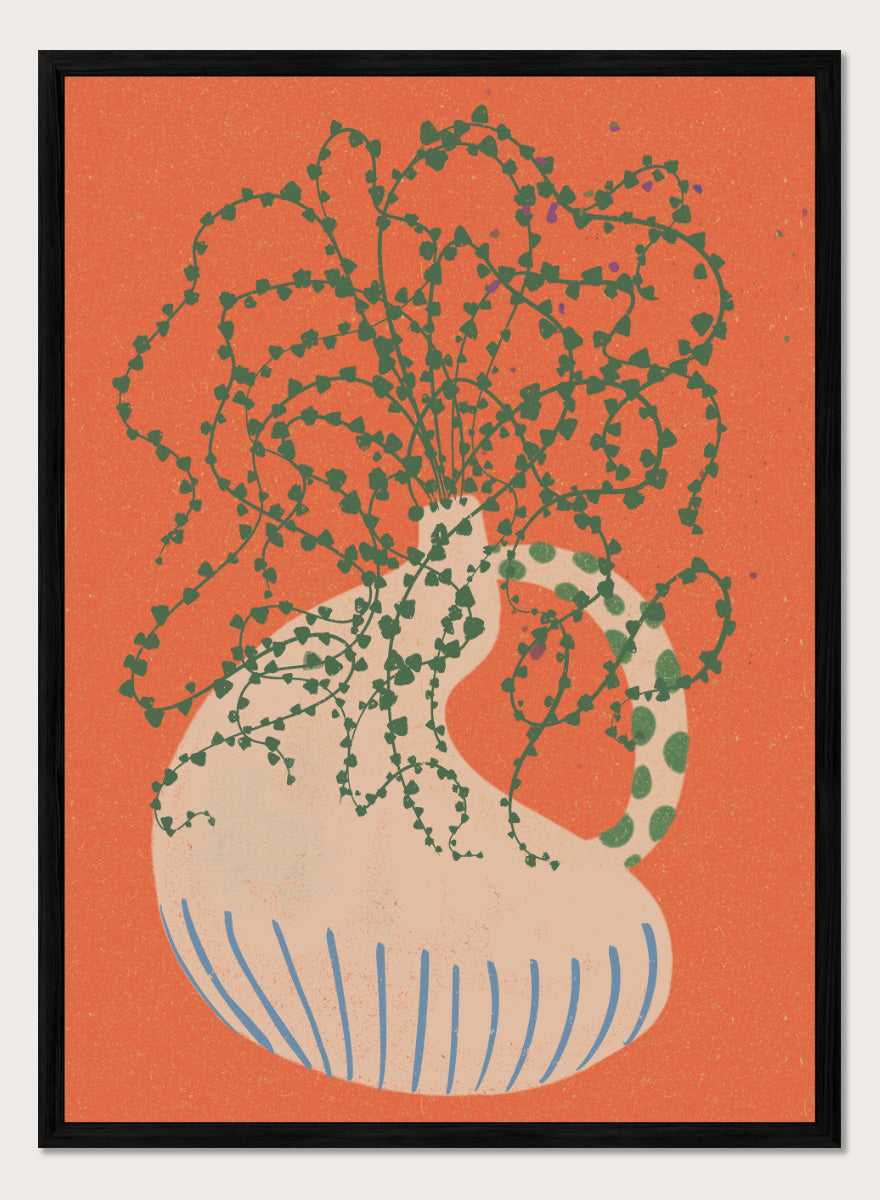 Shop Green Trailing Plant by Nikita Jariwala, a botanical wall art print poster featuring a trailing houseplant, cream vase, coral background, and bold green tones.