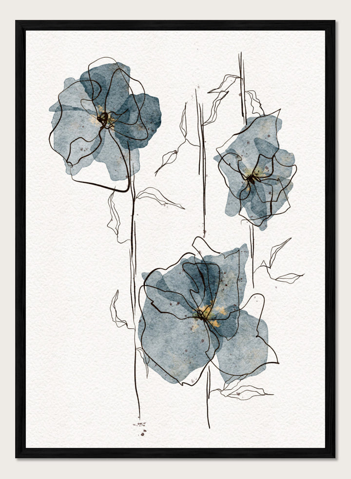 A framed watercolor and ink floral art print featuring three blue-gray flowers with black sketch lines on a white textured background. Shop Delicate Blue Blooms by Ankie Kooi, a modern floral wall art print poster featuring abstract watercolor flowers, botanical line art, blue, cream, and black.