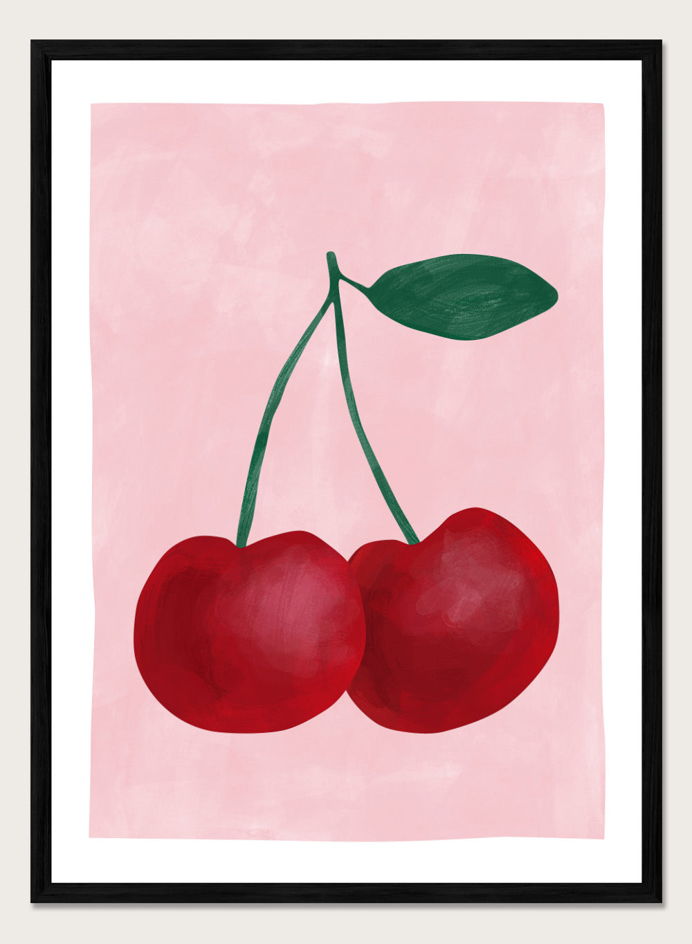 Two red cherries with a green stem on a pink background. Red cherries art print by Elena Ristova featuring two hand-painted cherries with green stems on a soft pink background. Officially licensed minimalist wall poster.