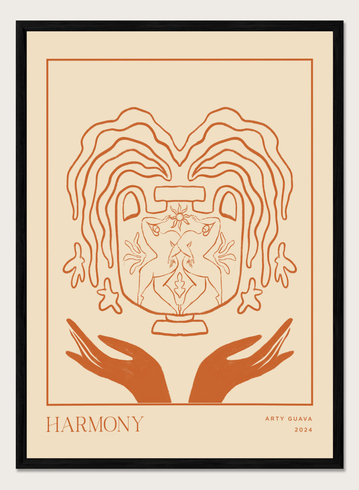 Artistic illustration of a heart with hands holding it, titled 'Harmony' by Arty Guava 2024. Harmony by Arty Guava is a minimalist vessel art print with terracotta linework, mirrored figures, and symbolic calm. Officially licensed wall poster.