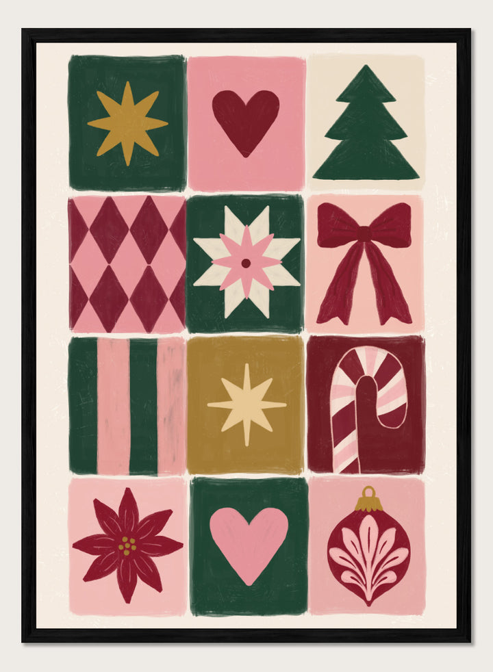 Shop Festive Christmas Grid by Katarzyna Gąsiorowska, a Christmas wall art print poster featuring a tree, bow, candy cane, poinsettia, ornament, and holiday motifs.