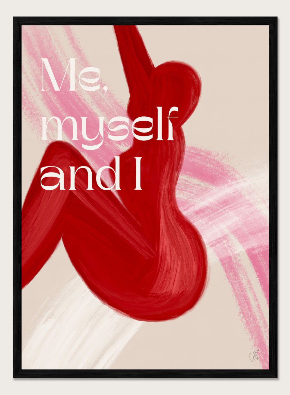 Abstract art with red shapes and 'Me, myself and I' text on a beige background. Red Woman by Anne-Marie Volfova is a modern figurative art print featuring bold red brushstrokes and empowering typography. Contemporary wall poster.