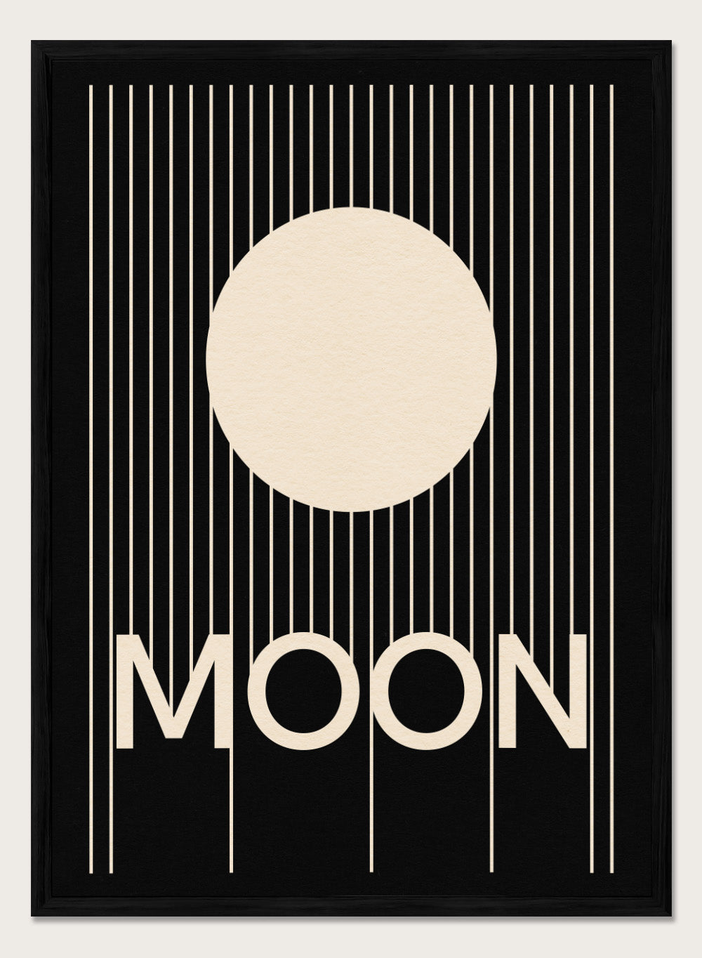 Poster with a stylized moon and the word 'MOON' on a black background. Moon by Rosi Feist is a bold minimalist Bauhaus-inspired art print with a cream circle and graphic lines. Officially licensed modern poster with framing.