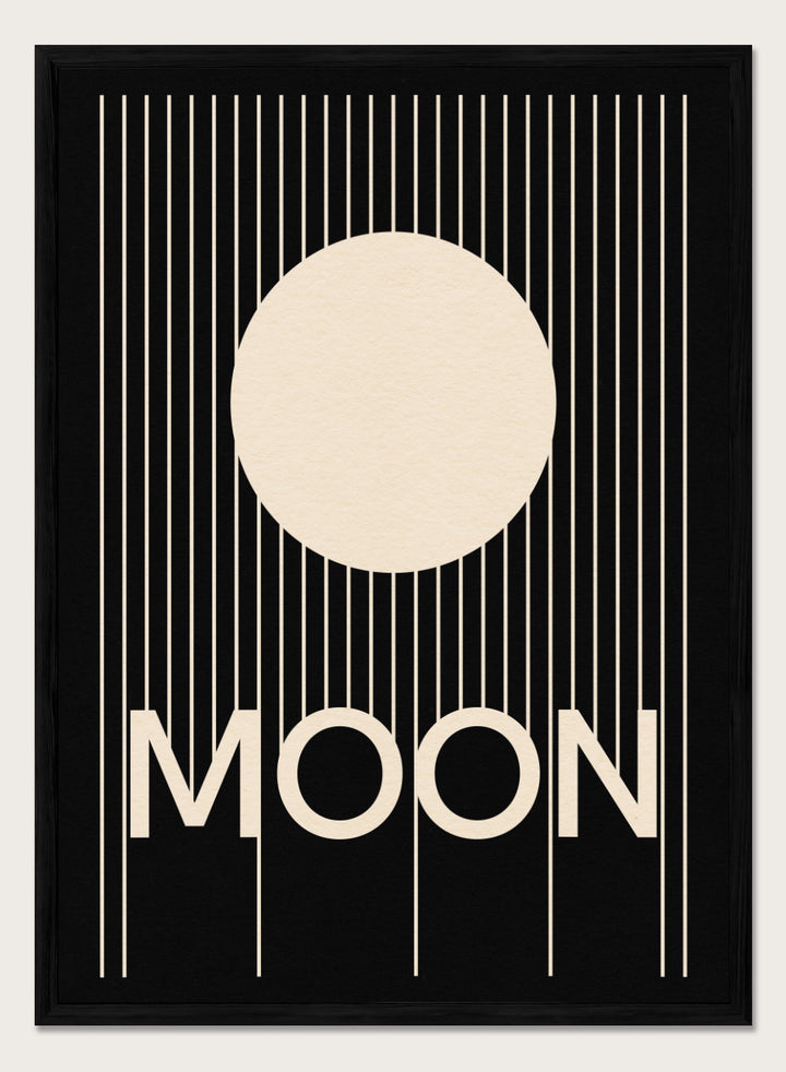 Poster with a stylized moon and the word 'MOON' on a black background. Moon by Rosi Feist is a bold minimalist Bauhaus-inspired art print with a cream circle and graphic lines. Officially licensed modern poster with framing.