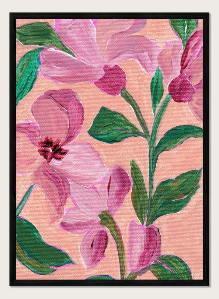 Shop Vibrant Pink Blooms by Nikita Jariwala, a floral wall art print poster featuring oversized pink flowers, lush green leaves, and a bold botanical composition.