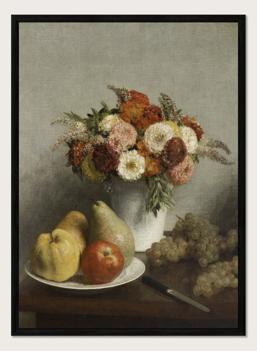 Shop Flowers and Fruit by Henri Fantin-Latour, a vintage still life wall art print poster featuring flowers, pears, apples, and grapes in warm brown tones.