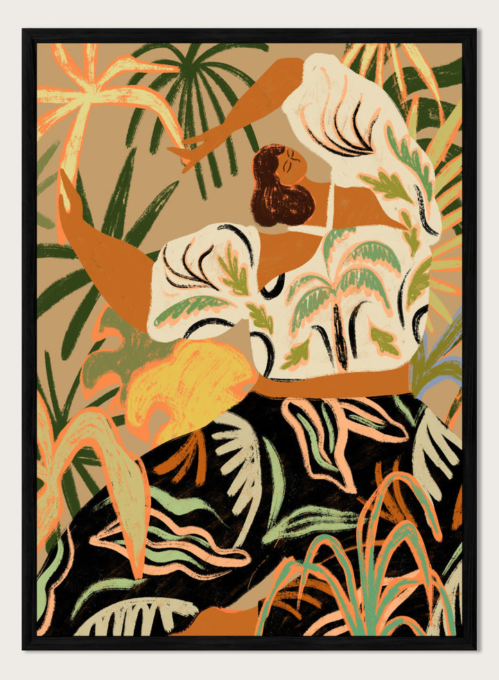 Artistic depiction of a woman in a floral dress with tropical plants in the background. Nature Embrace by Arty Guava art print featuring woman surrounded by tropical plants, flowing botanical illustration, and warm contemporary nature wall art poster.