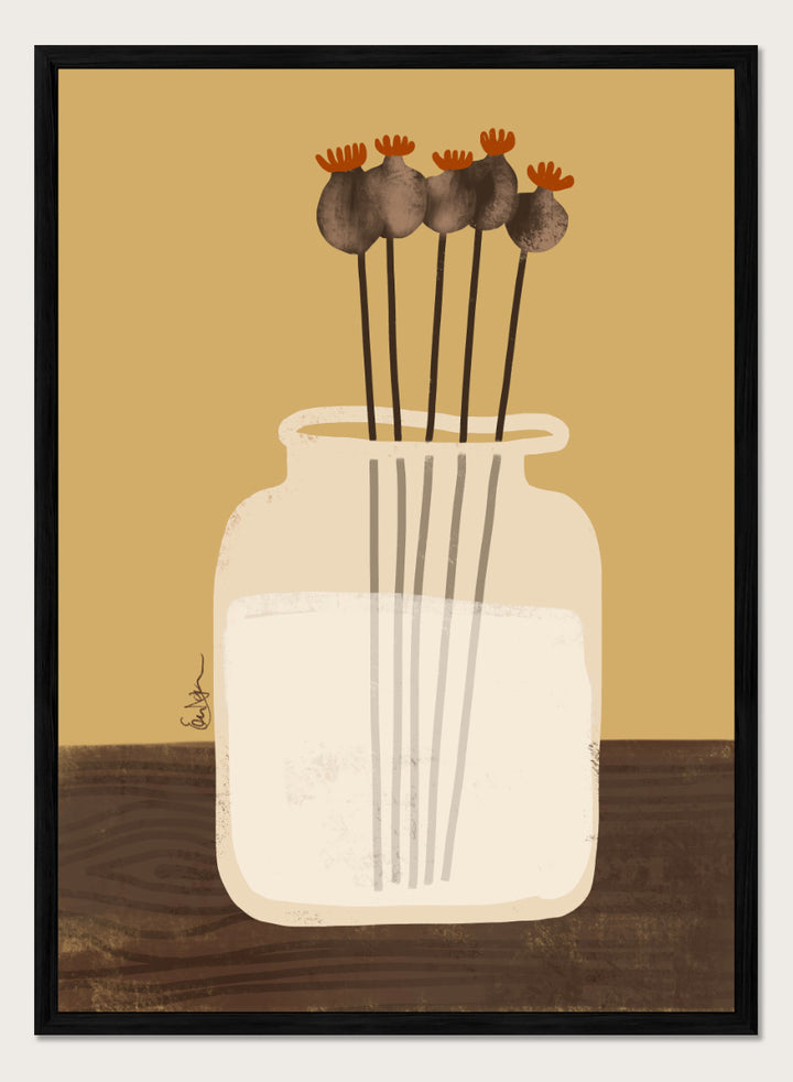 A stylized art print depicting a white glass jar filled with water, holding four dried poppy pods with orange tops, set against a warm tan background and a dark brown wooden surface. Shop Dried Poppy Pods Vase by Elsa Nätterdal, a botanical still life art print featuring dried poppy pods, a cream vase, and warm autumn tones.