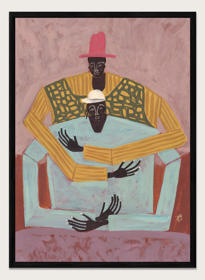 Artistic depiction of two figures sitting together with a pink background. The Hug by Studio IMO (Ibi Meier-Oruitemeka) is a modern figurative art print featuring two figures embracing in a bold contemporary wall poster design.